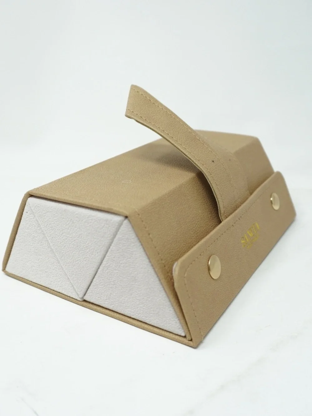 Sancia Australia 3-compartment tan faux leather sunglasses case box.
